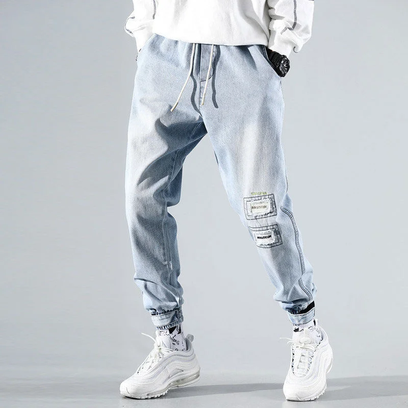 

Мужские рваные джинсы SHZQ, небесно-голубые повседневные джинсовые брюки на шнуровке, винтажные брюки, спортивные брюки, свободные эластичны...