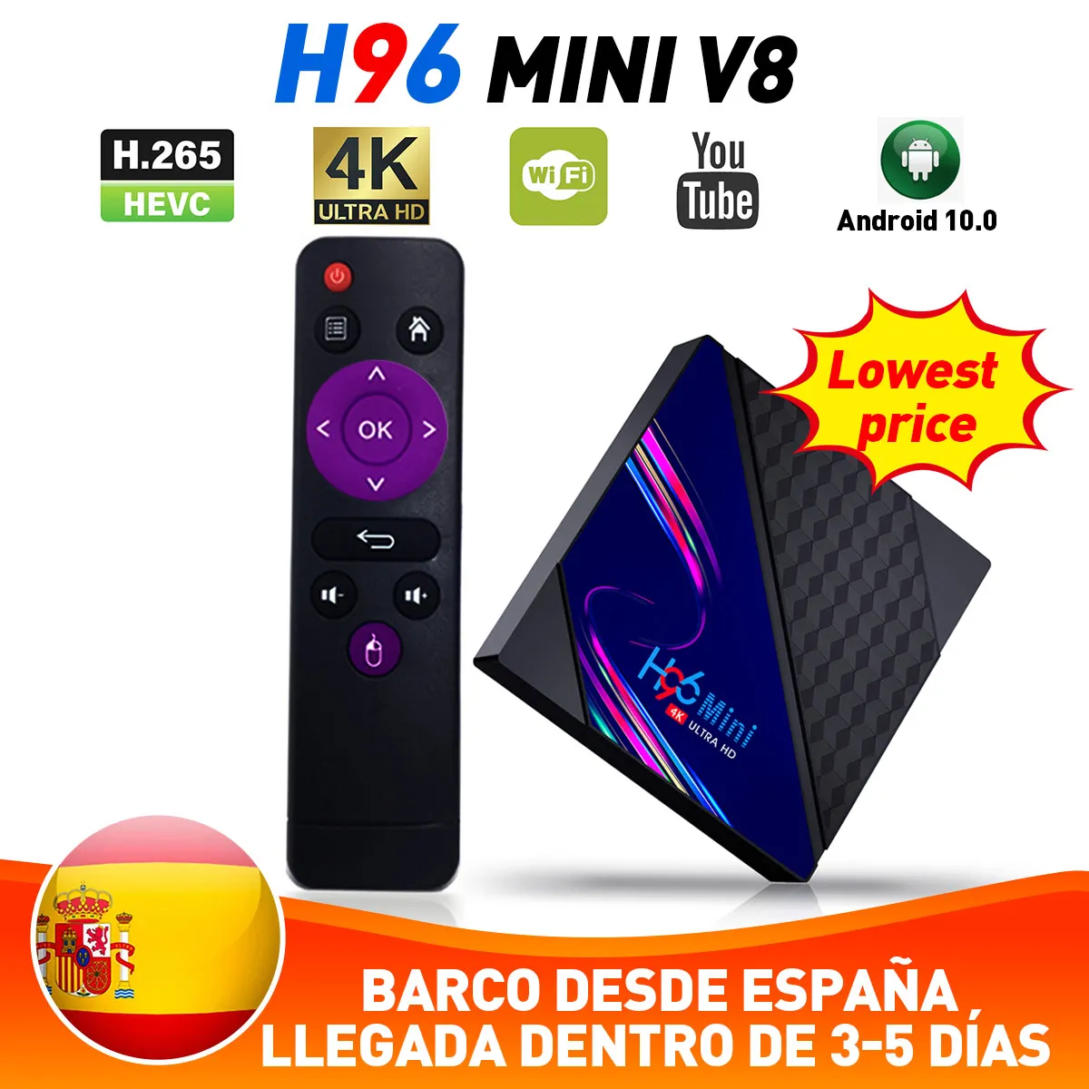 

ТВ-приставка Mini V8 H96 с четырехъядерным процессором, 2,4 ГГц, Wi-Fi, ТВ-приемником, смарт-пультом дистанционного управления, ТВ-приставка, Android 10,0, ...