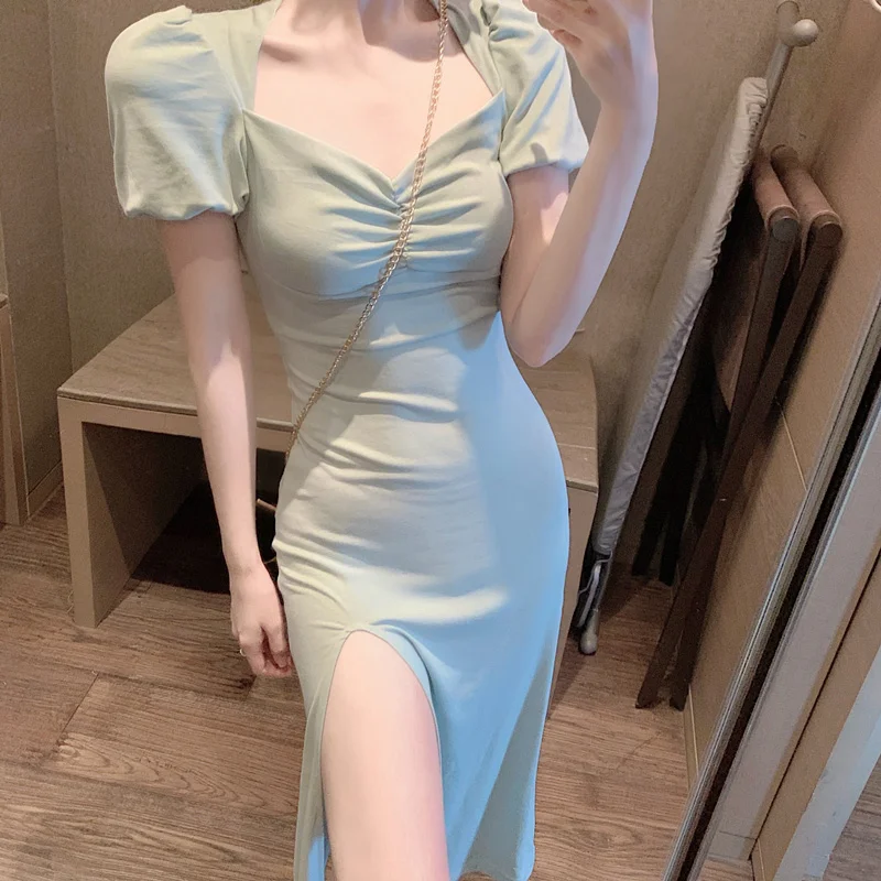 

Cost-Effective Retro Off-Shoulder Slit Sexy Women Summer Long Bodycon Casual Dress Elegant Clothes Ladies Dresses Korean Fashion