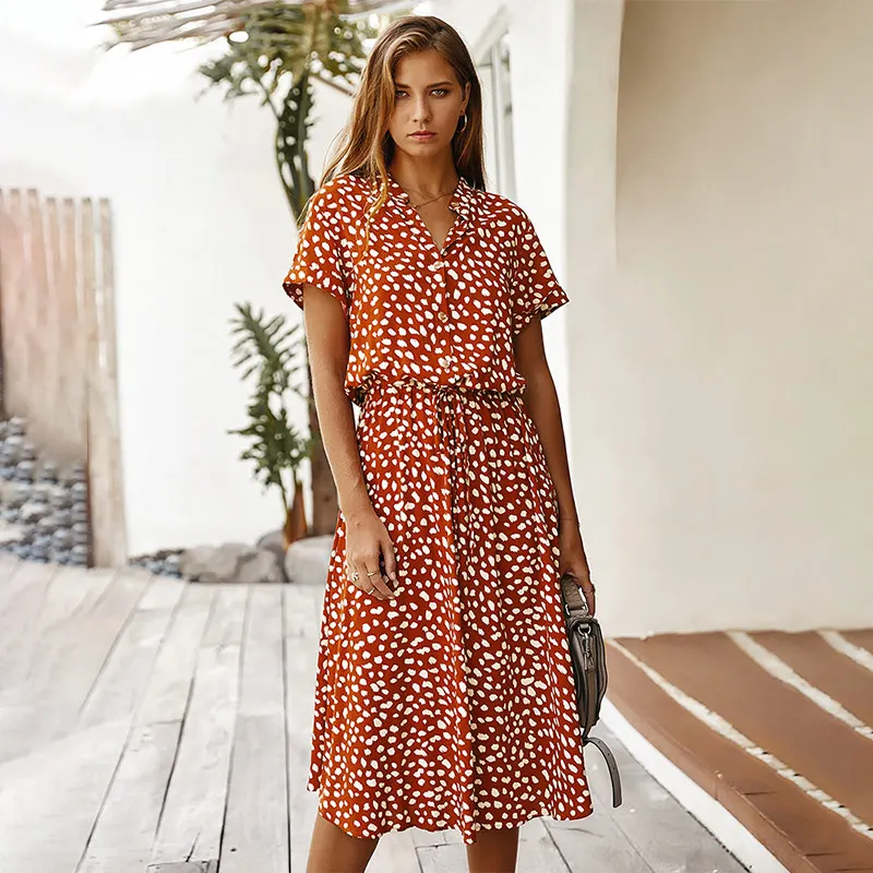 Женское однобортное платье в горошек эластичные трапециевидные платья средней