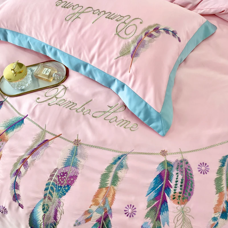 

New Pink Nordic Style Feather Embroidery Bedding Set Satin Silk Cotton Double Duvet Cover Set Bed Linen Pillowcases Home Textile