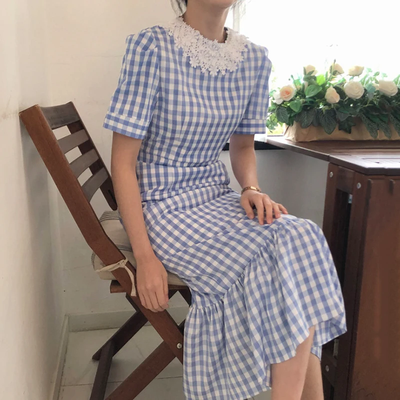 

New Fashion Korea Retro O-neck Lace Stitching Slim Ruffled Plaid Dress Elegant Female Short Sleeve Mid-calf Length Trumpet Dress