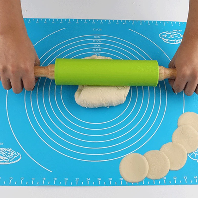 

Non-Stick Silicone Rolling Pin with Wooden Handles for Baking Pastry Revolving Silicone Roller Dough Roller Fondant Pizza 30cm