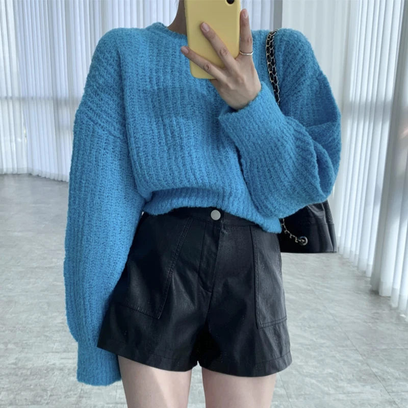 

Women Sweater 2021 Autumn New Korea Simple Wild Solid Color Round Neck Pullover Waxy Thick Knitted Pullover Sweaters