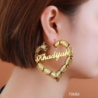 45mm 90mm custom bamboo hoop earrings stainless steel custom name earrings heart shaped round bamboo earrings personality gift