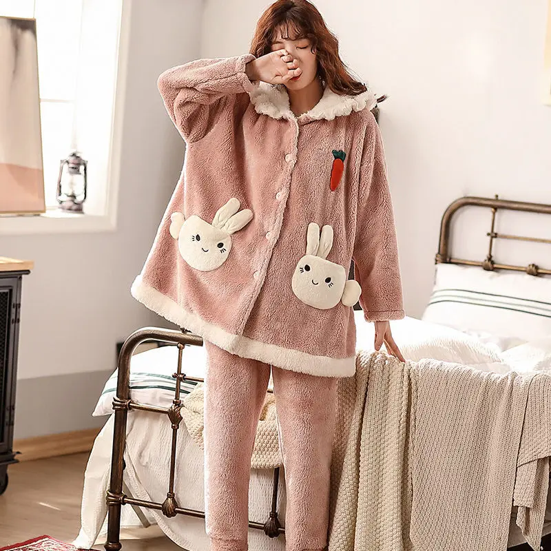 Coral Velvet Sleepwear Rabbit Ears Pajamas Women Autumn and Winter Furry Cute Plus Velvet Thickening Home Service Cute Pijamas