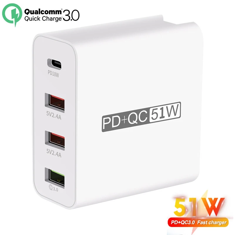 

Universal 51W PD QC 3.0 4.0 USB Adapter Wall Quick Charger For IPhone Samsug Huawei EU Plug Mobile Phone Fast Charging