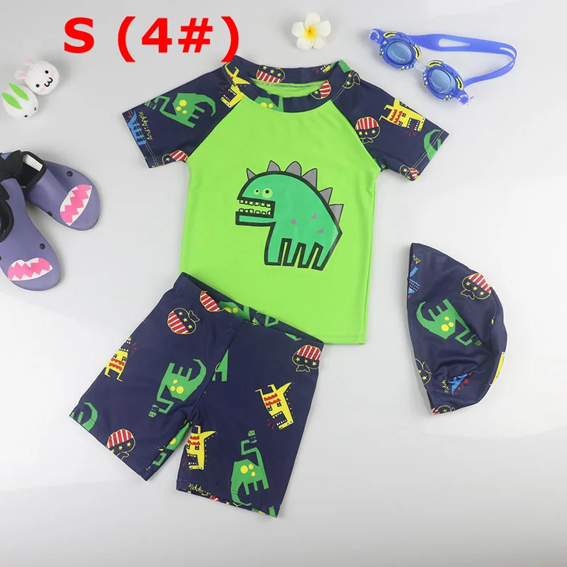 GREEN S Boy Baby Swimwear Dinosaur Swimming Suit for Boys Short Sleeves Toddler Kids Children's Swimwear Beach Clothes Bathing Suit 3pcs - Цвет: GREEN S