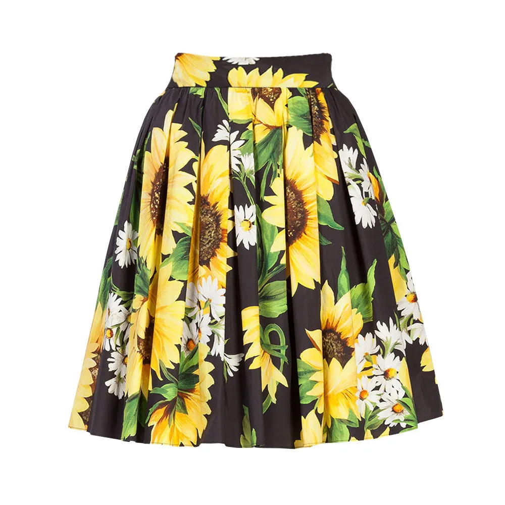 

Customized Women's Vintage Yellow Sunflower Print Pleated Knee-Length Skirt Ladies Floral A-Line Casual Skirts Saia