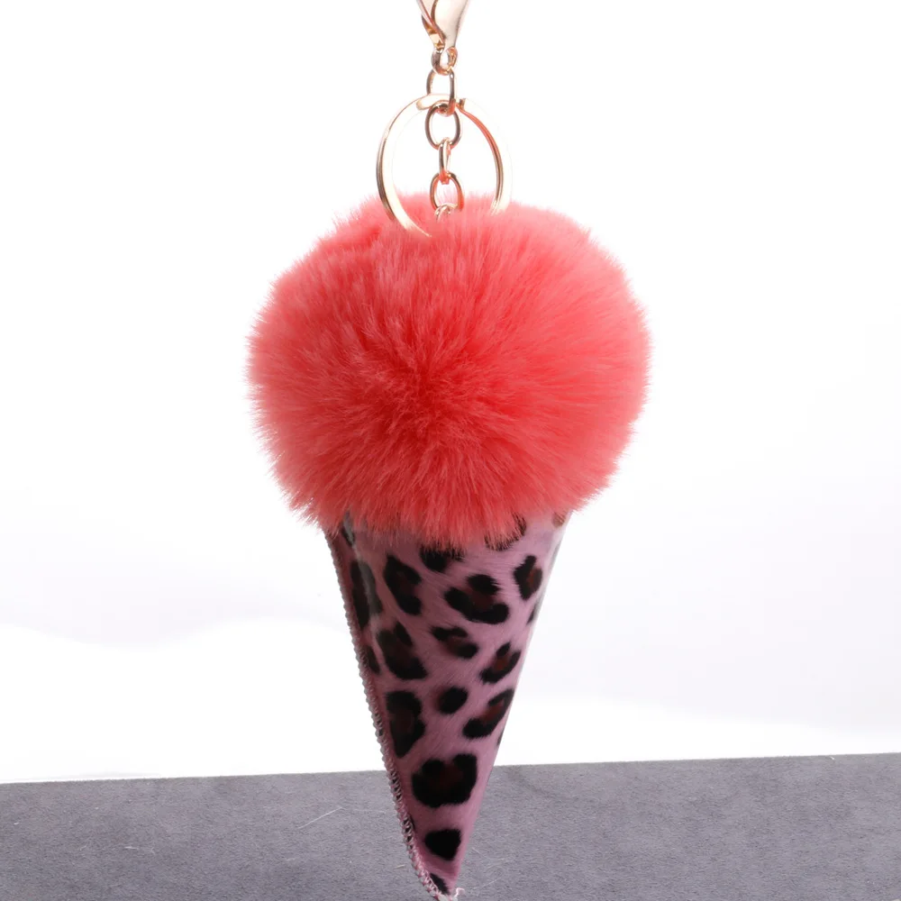 

1pc Special Leopard Cone Pompom Ice Cream Keychain Keyring Holders For Girls Bags Clothes Cars DIY Gifts Toys