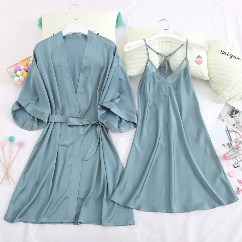 

Lady 2PCS Robe Set Satin Kimono Gown V-Neck Nightwear Women Sleepwear Lace Trim Nightgown Loose Summer New Intimate Lingerie