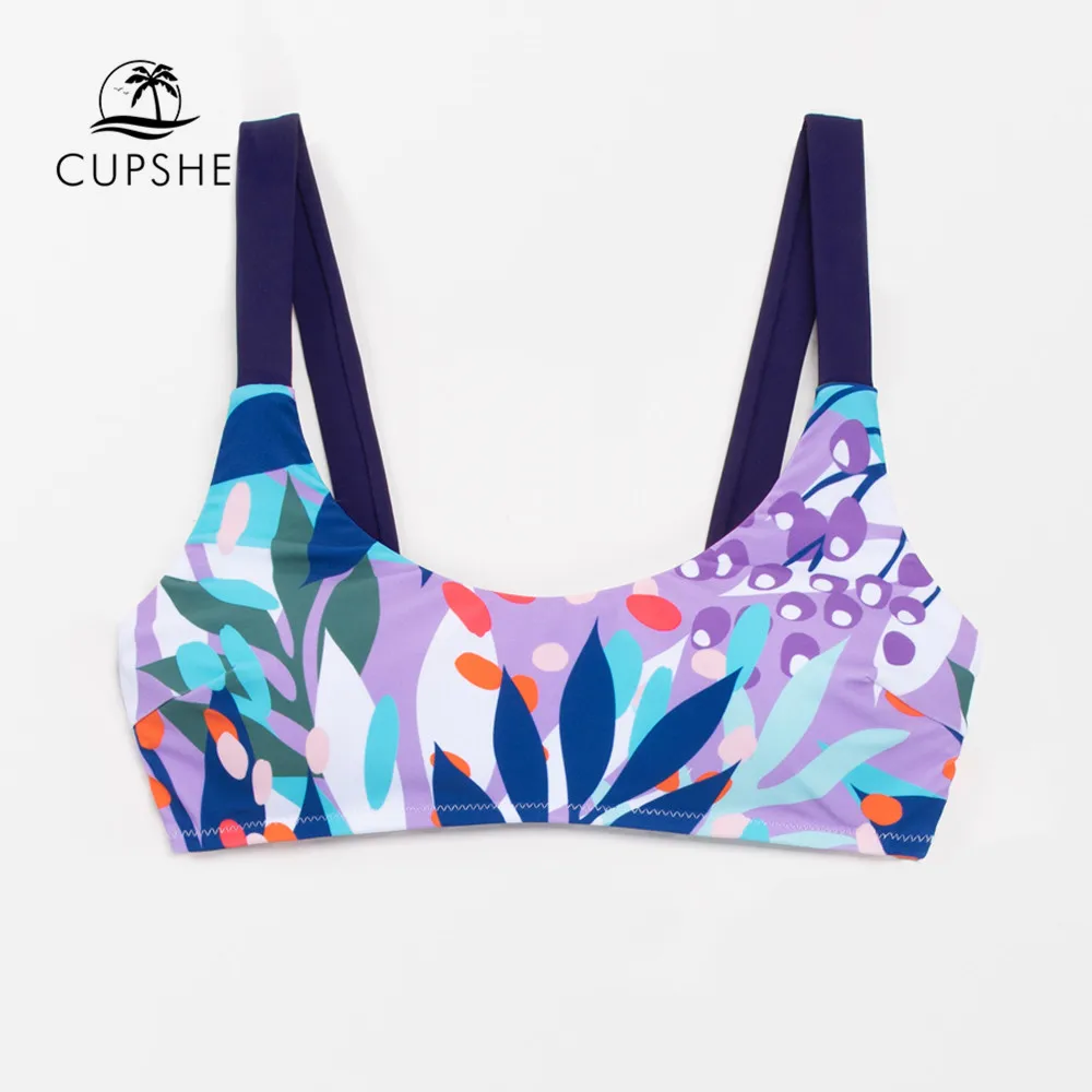 

CUPSHE Purple Leafy Tank Bikini Top Only For Women Sexy U-neck Removable Padded Tank Top 2022 Beach Separate Swimsuit Bra Top