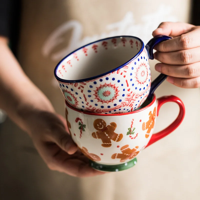 Tazas de t&eacute; de cer&aacute;mica navide&ntilde;a de 480ml para hombre, taza de pan de jengibre pintada a mano a granel, taza divertida de viaje para leche, caf&eacute;, agua, regalos de Navidad para parejas-5