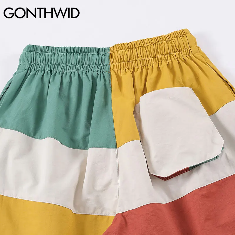 

GONTHWID Shorts Hip Hop Color Block Patchwork Pockets Short Pants Streetwear Harajuku Casual Fashion Mens Knee Length Trousers