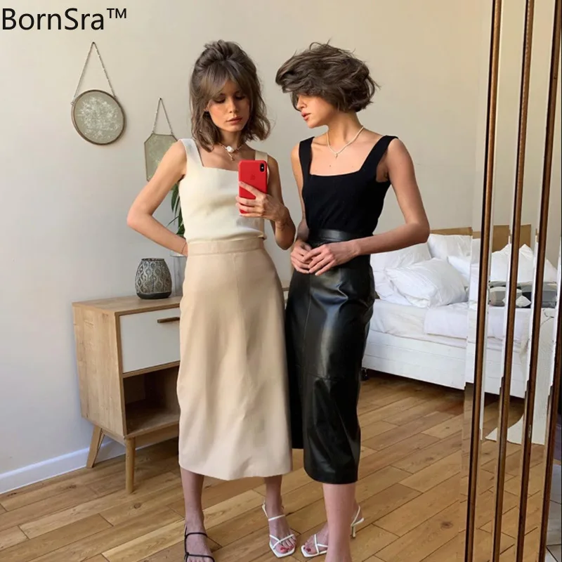 

Bornsra 2021 Spring Straight Mid-Calf Pu Leather Skirt Solid Lace-Up Vintage Skirts for Women Empire Skirts Womens