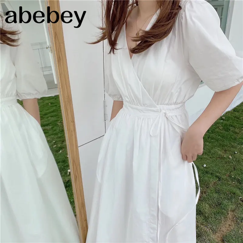 

Korean Vintage Solid Chic Elegance Puff Sleeves V-Neck 2020 New Sexy Slender Sweet Summer All Match A-Line Long Dresses