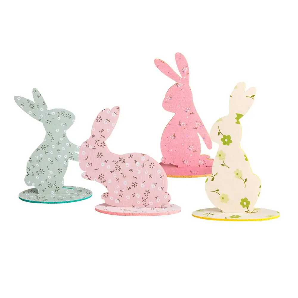 

4pcs 7In Happy Easter Bunny Table Centerpiece Felt Decorations with Flowers Multi-color Rabbit Party DIY Spring Home Decor