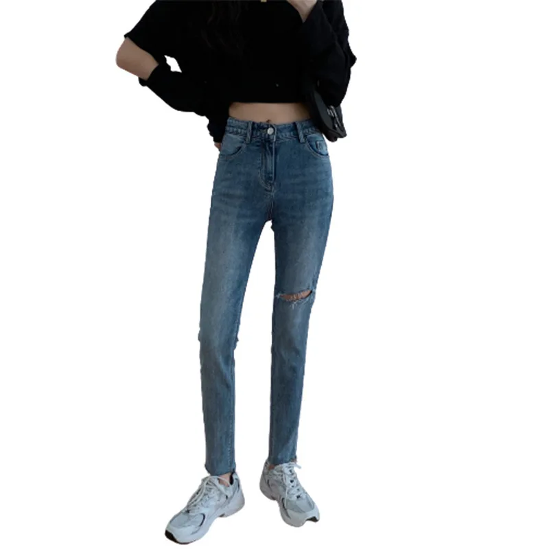 

Streetwear y2k Large Womens Wear Hole High Waisted Pants Stretch Slim Women's Smile Jeans