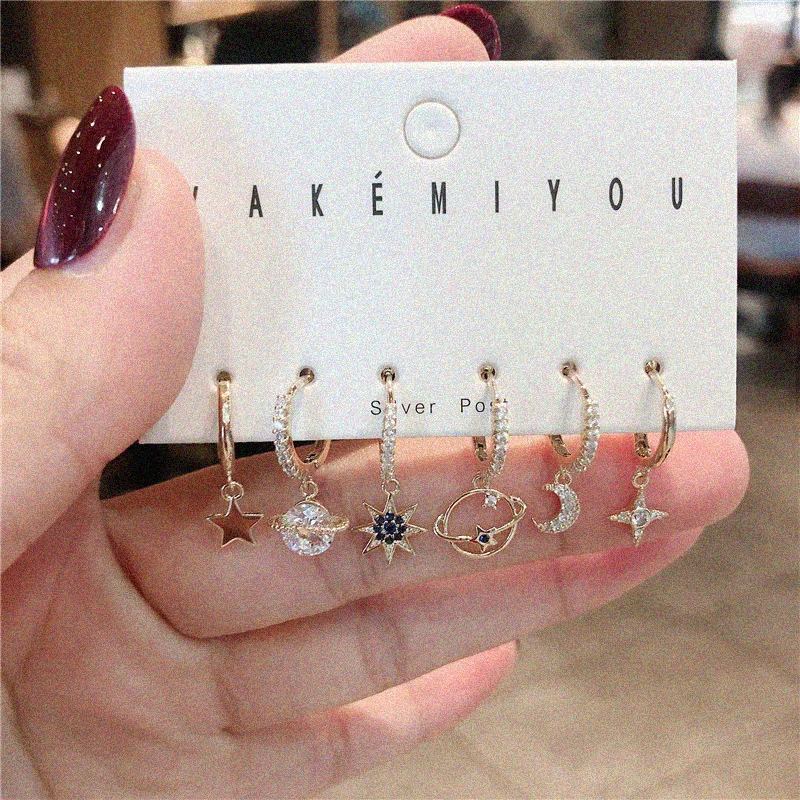 

2021 New Inlaid With Shining Zircon Eight-Pointed Star Earrings Universe Stars Earrings 6Pcs/Set For Charm Women Jewelry Gift