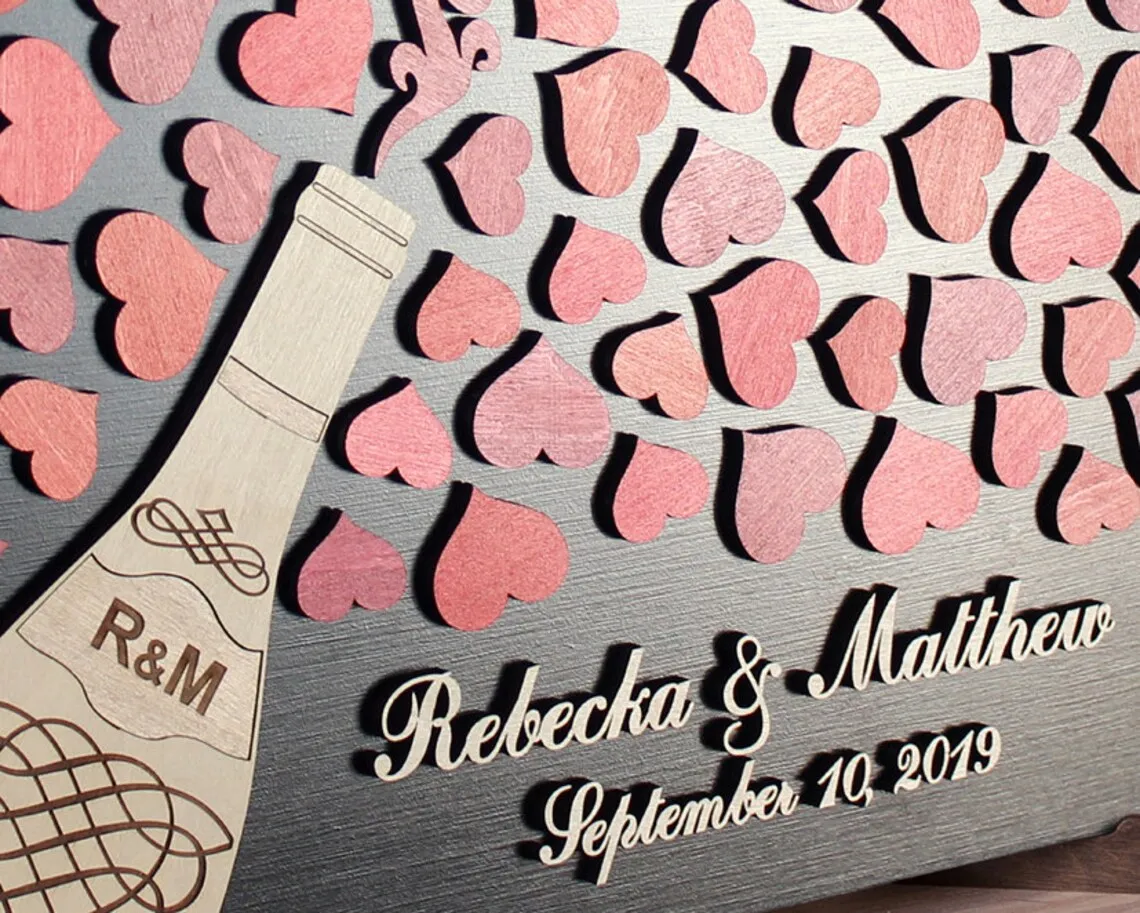 

Custom Wedding Guest Book,Alternative Wine Champagne Bottle of Hearts Unique Guestbook,Alternative 3D Wooden Sign Guest Book