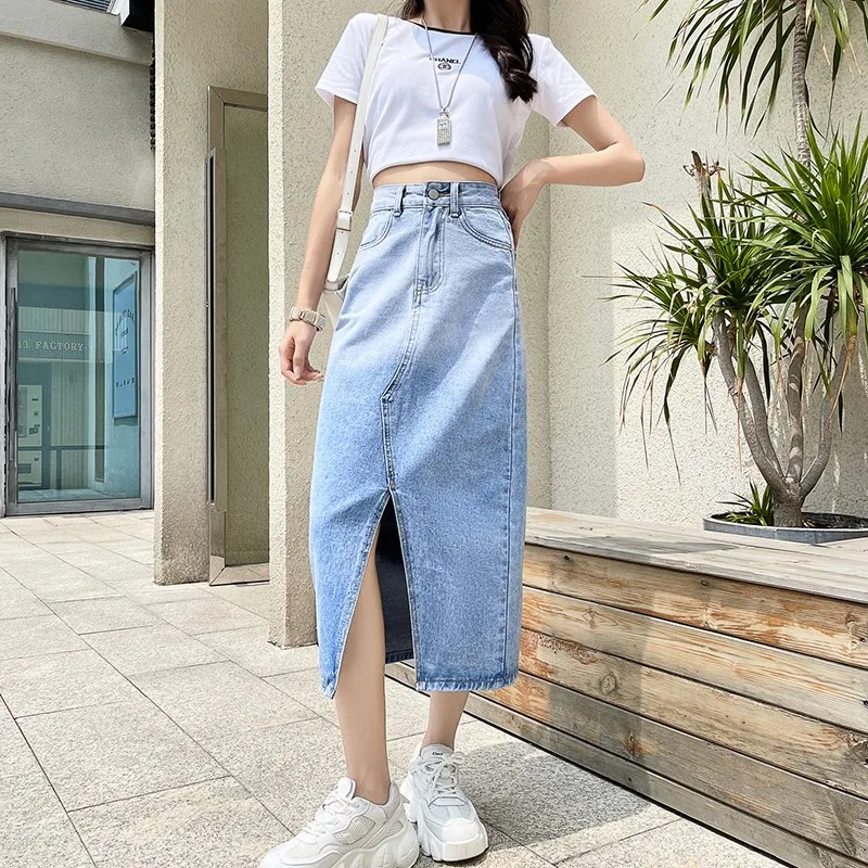 

GUUZYUVIZ Gradient Split Denim Skirt Maxi High Waist Cotton Summer Korean Jupe Femme Casual Jean Skirts For Ladies