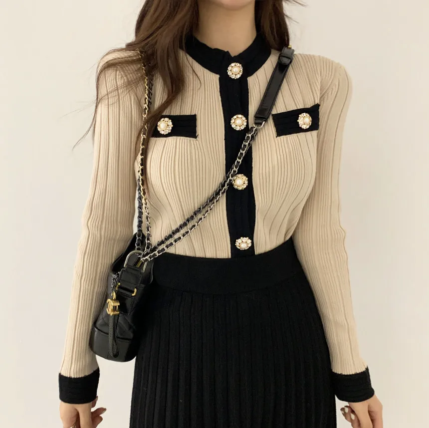 Шикарные офисные однобортный Перл кардиган с пуговицами свитер для девочек +