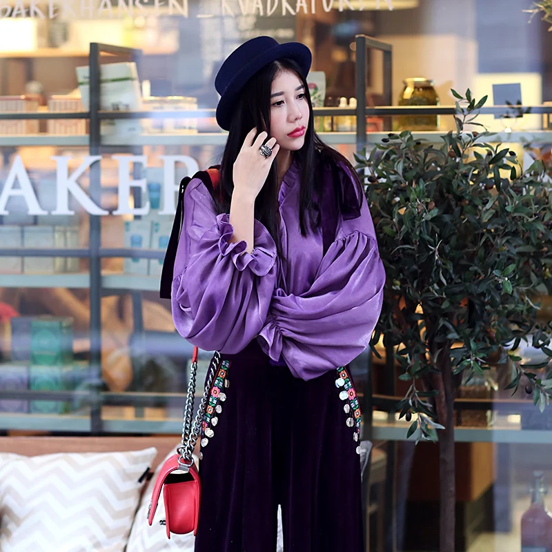 Autumn Women Spring Novelty Vintage Personality Lantern Sleeve Tassel Tie Collar Loose All-Match Basic Shirt Purple | Женская одежда