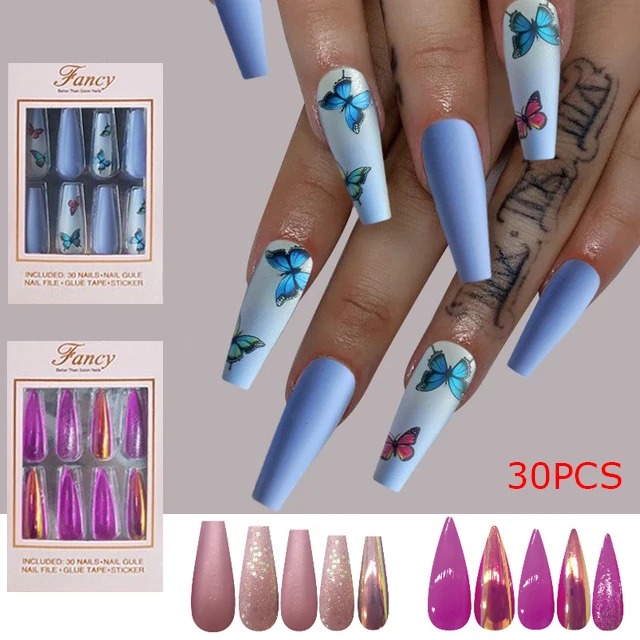 1 Box Of Blue Butterfly Fake Nails Ballerina Leopard Design Fashion Grey New Artificial Long Pink Sequined Nail Art | Красота и