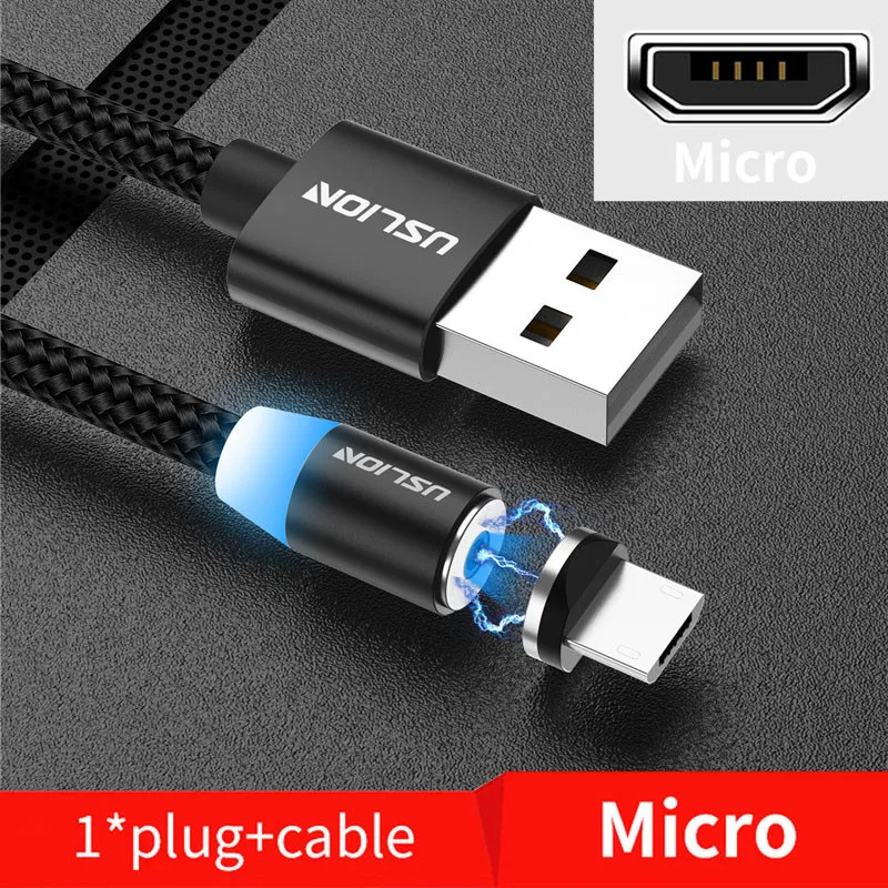 USLION 2 м Магнитный кабель для быстрой зарядки Micro usb type C зарядное устройство для iPhone XS X 8 7 samsung S10 9 магнит Android телефонный кабель 3 м - Цвет: Black For Micro