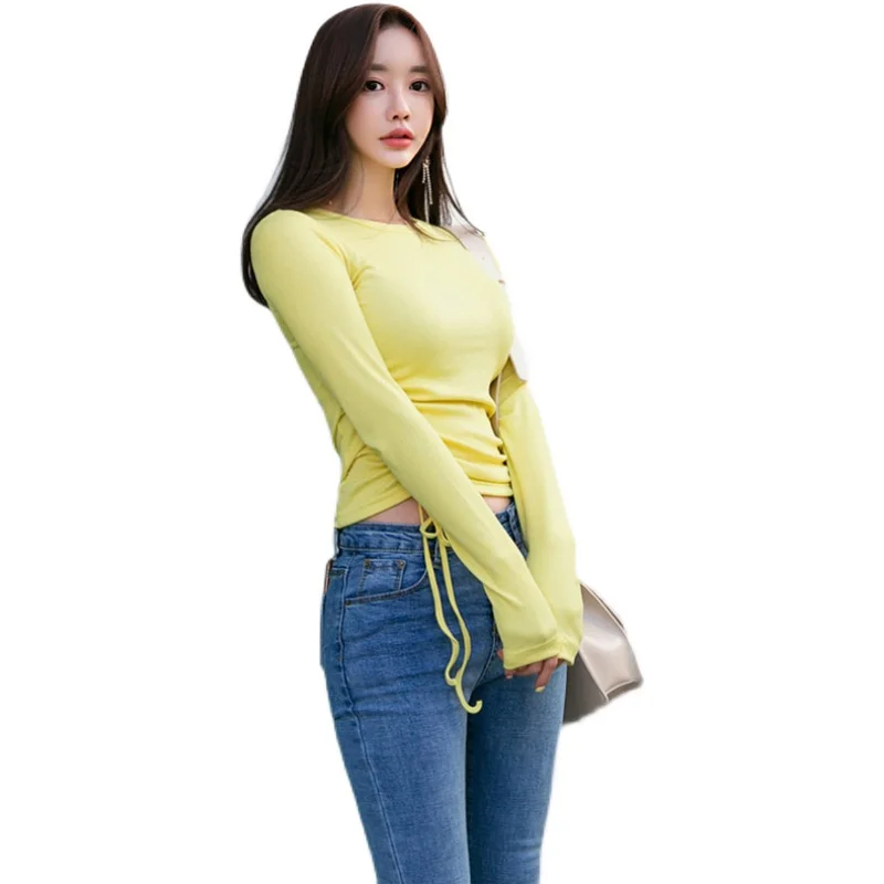 

Spring new style Korean temperament round neck slim knit drawstring long sleeves thin sexy office party for women dresses