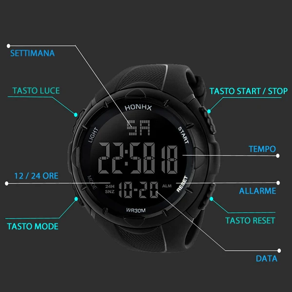 Black dial men's watch HONHX SILICONE buttons stopwatch acrylic tv 99 S0403 sent from Italy | Наручные часы