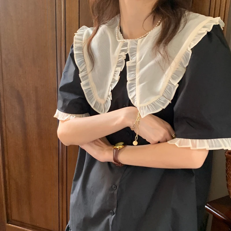 

KUSAHIKI Korea Hit Color Peter Pan Collar Blouses Lace Patchwork Short Sleeve Woman Dress Ruffle A-line Loose Vestidos 6J042