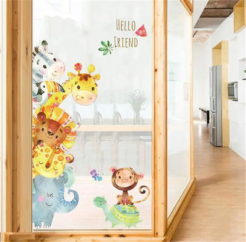 Cartoon Animals Giraffe Lion Monkey Wall Stickers Children Mural Decals for Kids Rooms Baby Bedroom Wardrobe Door Decoration | Дом и сад