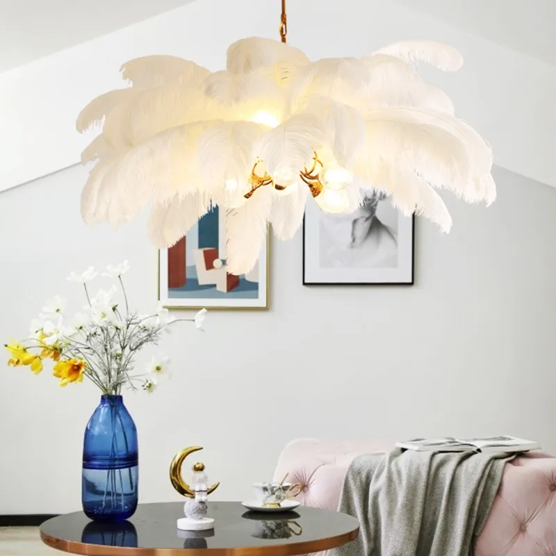 

LukLoy White Feather Pendant Chandelir Bedroom Led Lamp Hanging Lighting Fixtures Living Room Modern Chandelier Ceiling Light