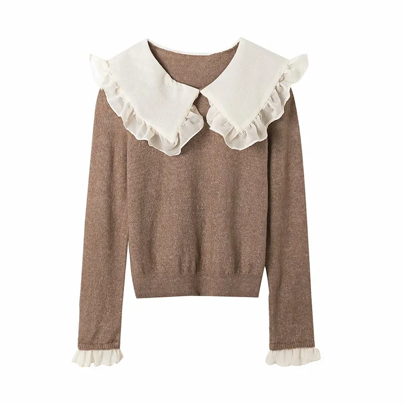 

Ruffled Trim Knitted Jumper White Women Autumn Spring Hollow Out Sweater Flared Sleeve 2021 Fashion Pullover Ladies