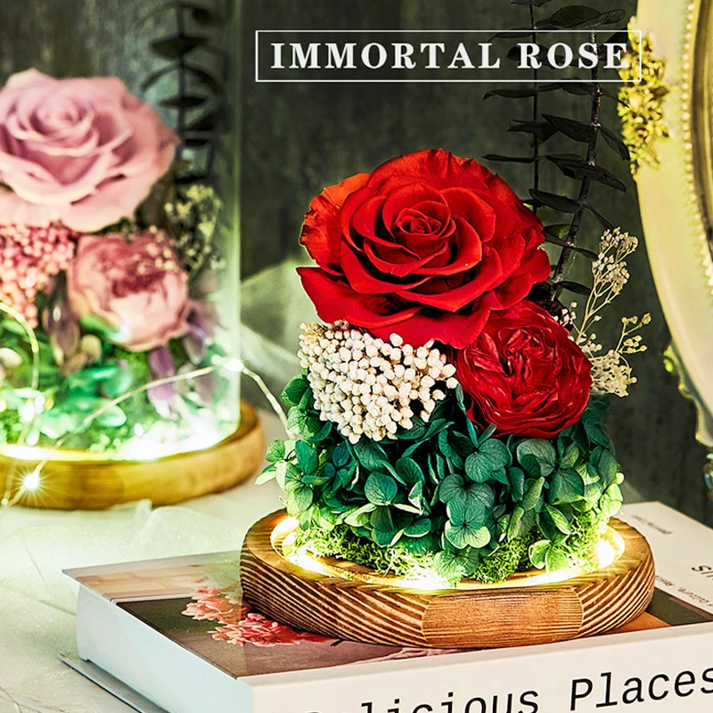 

Новинка настоящие консервированные вечные розы красота и чудовище розы сушеные цветы свадебный Декор Светильник кой День Святого Валентин...