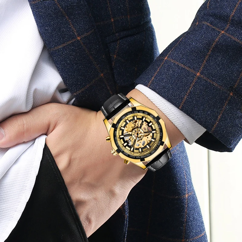 

2021 Men Skeleton Automatic Mechanical Watch Gold Skeleton Vintage Man Watch Mens FORSINING Leather Strap Watch Top Brand Luxury