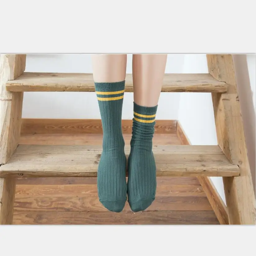 Girls Solid Cotton Crew Socks Striped Cuff Women Ribbed Knitted Sport Sock Warm Winter Socks Ankle Socks Short Socks 8 pairs/lot