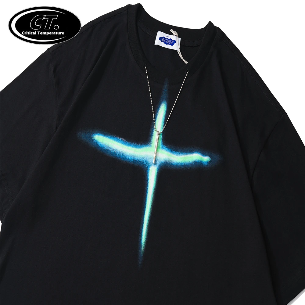 

Streetwear T-Shirt Men Hip Hop Cross Light Necklace Print T Shirt 2021 Harajuku Cotton Casual Summer Short Sleeve Tshirt Black