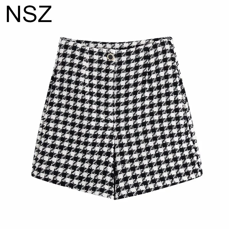 

NSZ Women's Tweed Shorts Black And White Houndstooth High Waist Elegant Chic Classic Plaid Checked Short Pants Spring Autumn