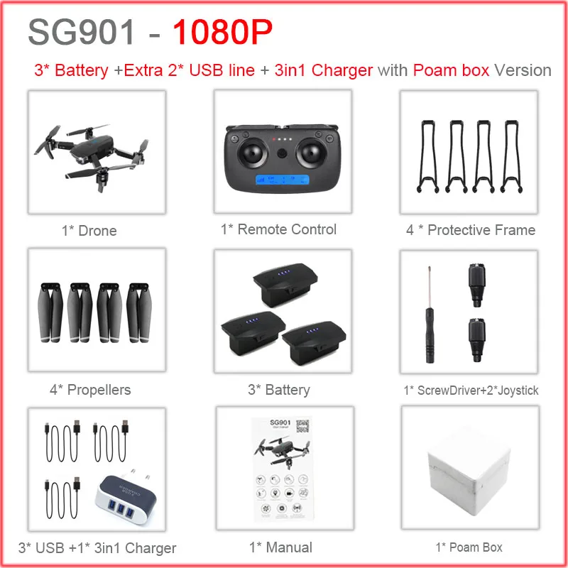 SG901 RC селфи Дрон 4k 1080P HD Двойная камера Складная следуя за мной FPV Профессиональный Дрон долгое время Летающий вертолет детские игрушки - Цвет: 3Battery1080PFoam