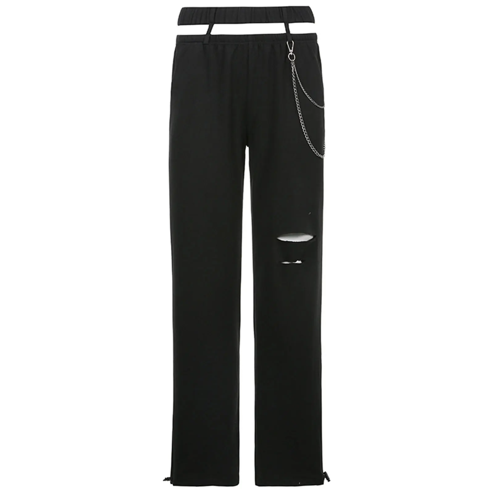 

Women Loose Style Pants with Decorative Chain, Black Solid Color High Waist Hollow Out Trousers, S/ M/ L