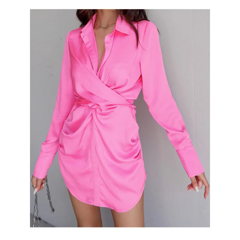 

Sexy Mini Dress 2021 Summer New Pure Color High Waist Strappy Turn-down Collar Dresses Fashion Women Long Sleeve Shirt Dresses