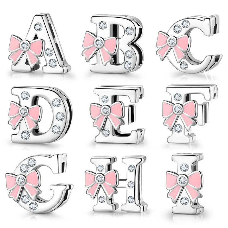 

Pink bow 26 letter series clip beads 925 pure silver beads DIY women's bracelet accessories beads