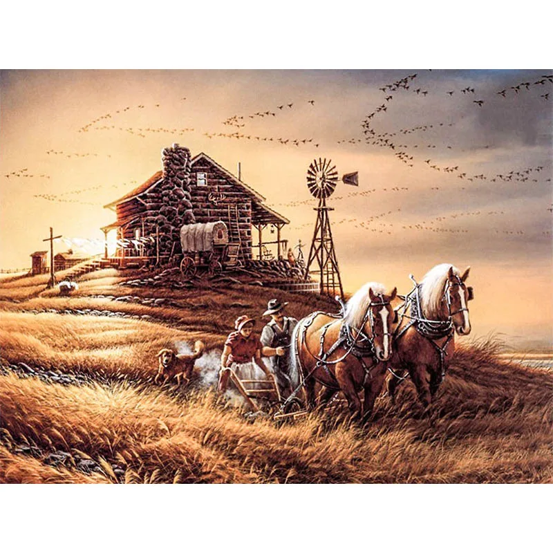 

Full Square Round Diamond Painting Wheat On The Field Diamond Drawing Carriage Rhinestone Mosaic Picture Home Decoration G97