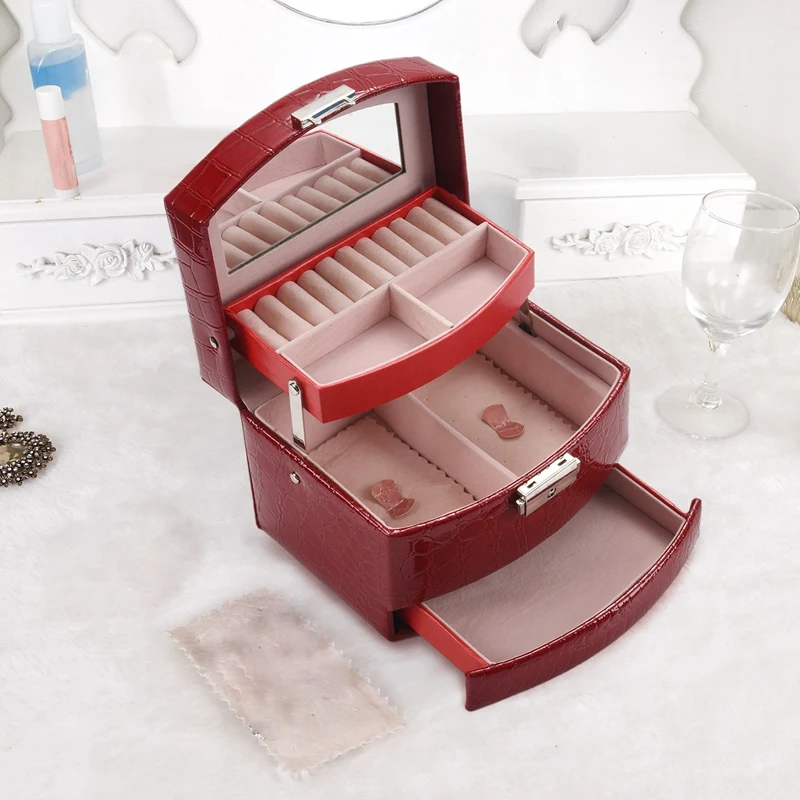 

Automatic Leather Jewelry Box Three-layer Storage Box For Women Earring Ring Cosmetic Organizer Casket For Decorations