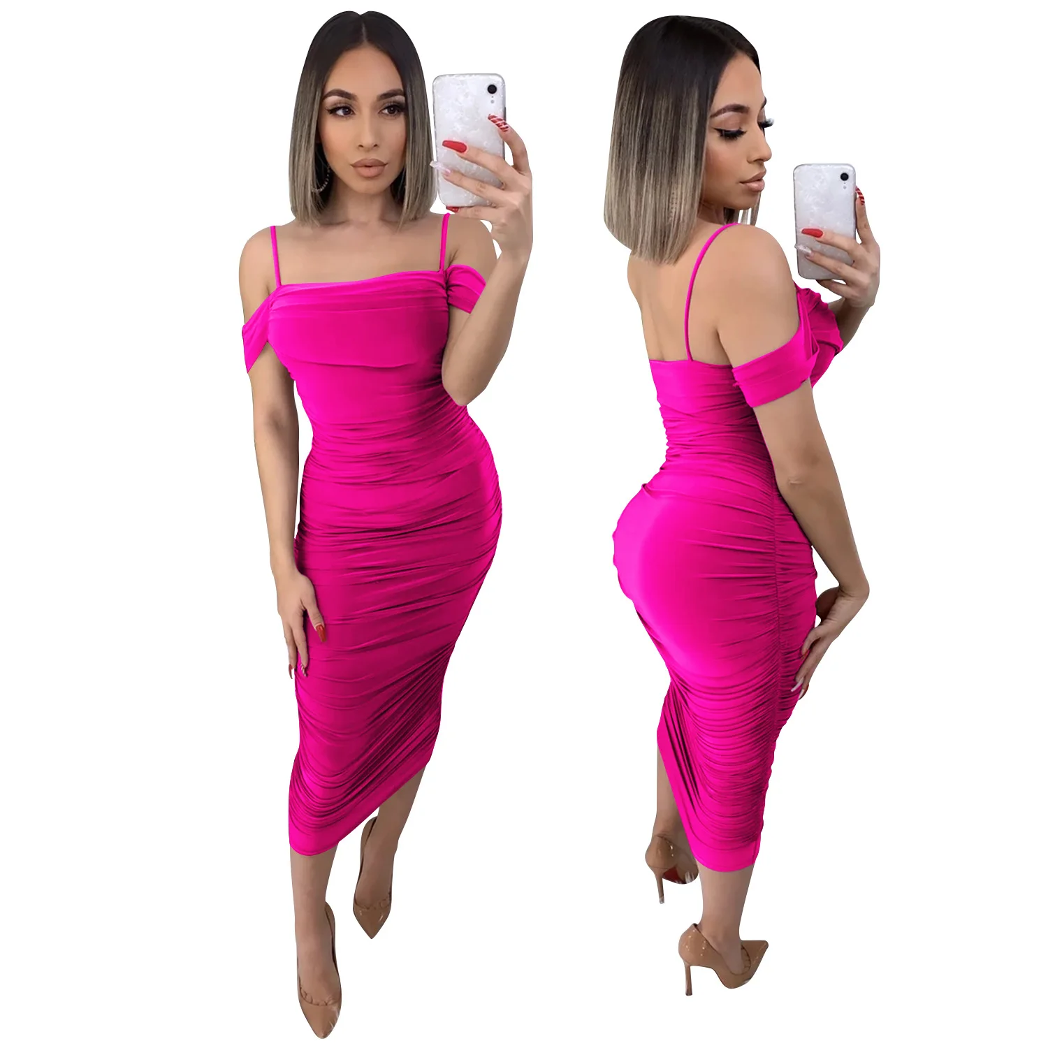 

Solid Color Spaghetti Strap Off the Shoulder Sexy Bodycon Summer Women Dress European and American Hot Style Model Outfits