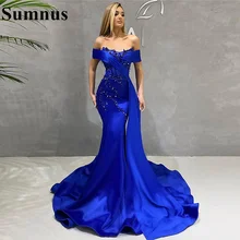 Sumnus – robe de bal sirène bleu Royal, épaules dénudées, paillettes, perlée, longue, formelle, plissée, robe de soirée de célébrité  (1)