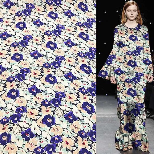 100% шелк креп DE chine шелковая ткань модный синий и бежевый цветочный принт SCDC828 | Дом