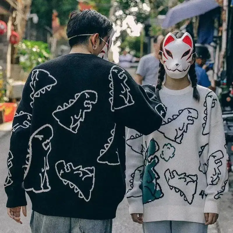 

Sweater Men Harajuku Fashion Knitted Hip Hop Streetwear Dinosaur Cartoon Pullover O-neck Oversize Casual Couple Male Sweaters